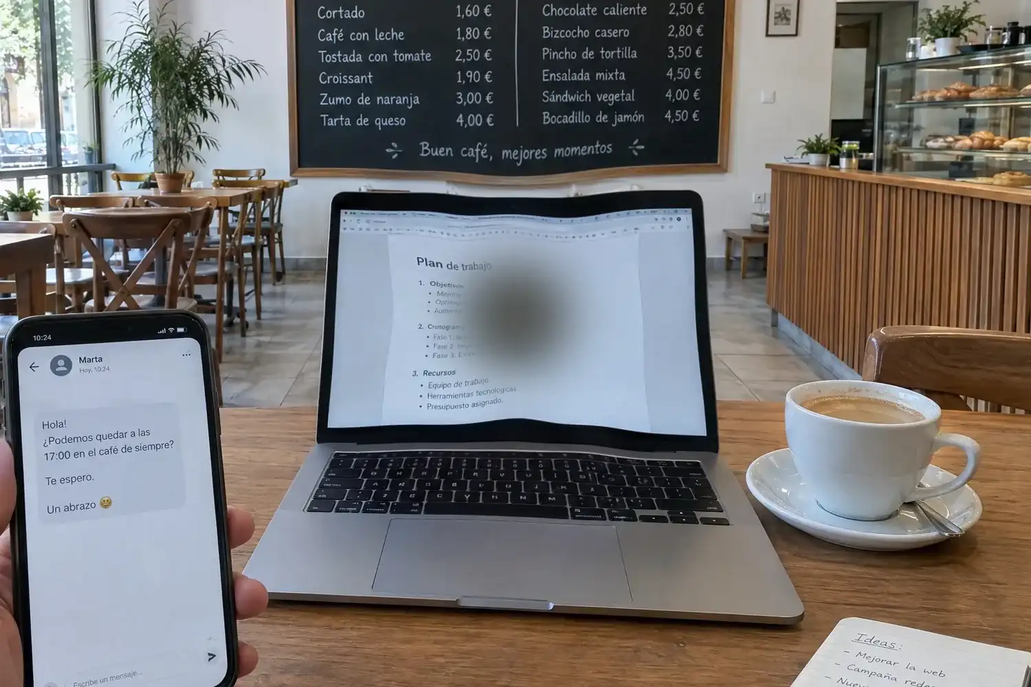 Simulación de la visión con un agujero macular: una mancha gris tapa el texto del portátil al que se mira y, alrededor, el marco de la pantalla y las teclas se ven curvados