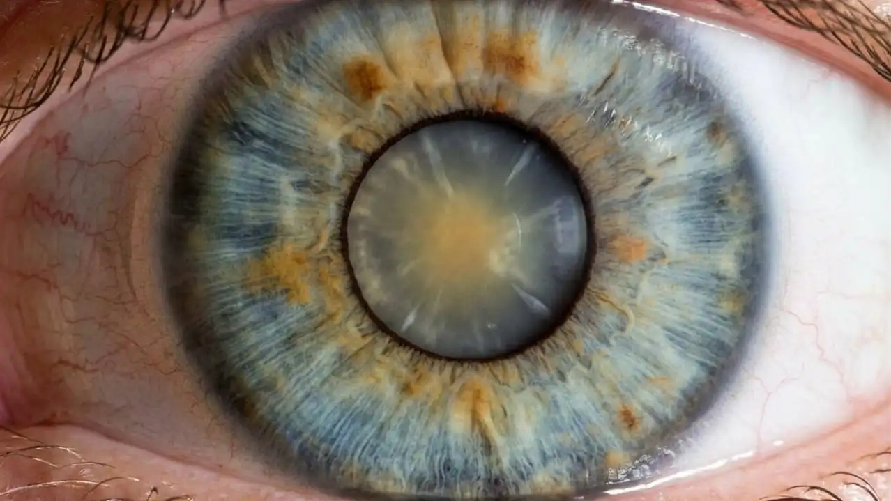 Ojo con la pupila dilatada y el cristalino opaco y blanquecino por una catarata