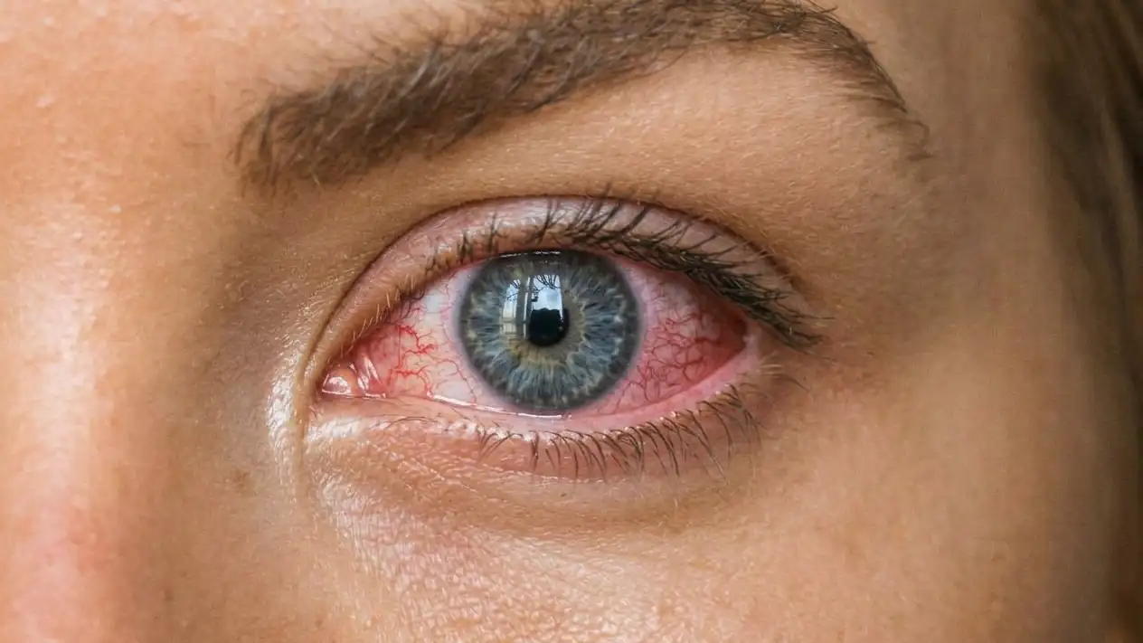 Ojo enrojecido, con los vasos de la conjuntiva dilatados, como en una conjuntivitis